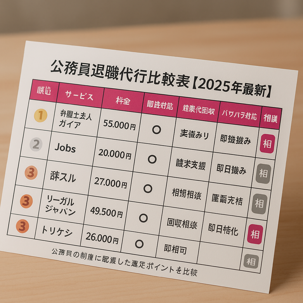 公務員退職代行 比較表 2025(料金・即日性・残業対応・パワハラ対応)