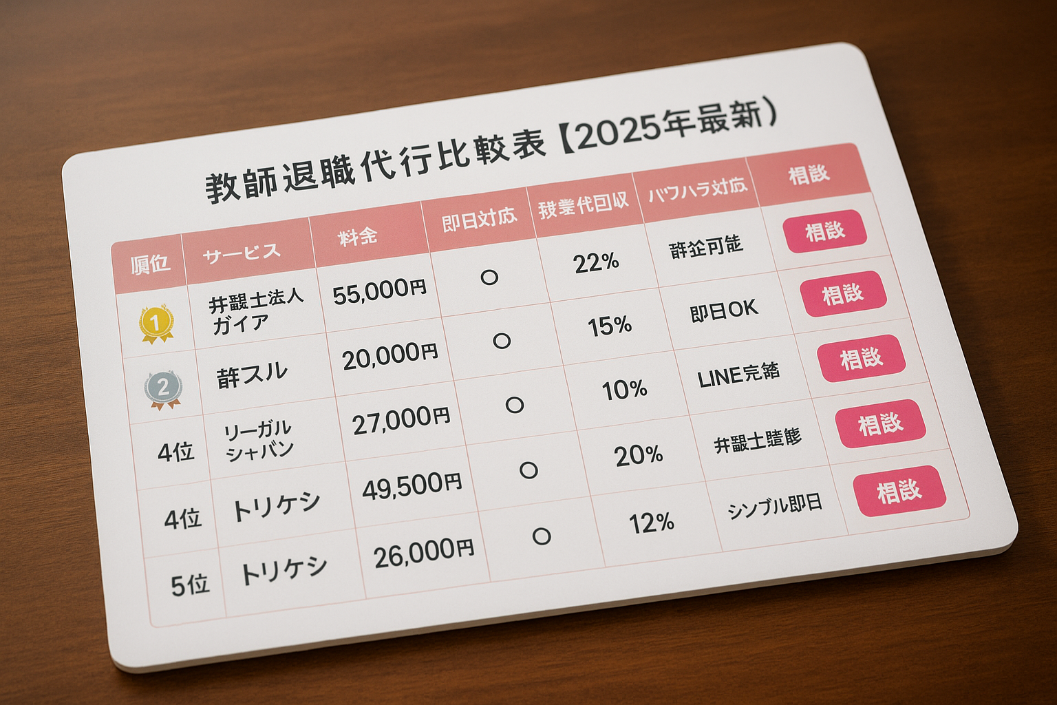 教師退職代行 比較表 2025(ガイア・Jobs・辞スル・リーガルジャパン・トリケシ)